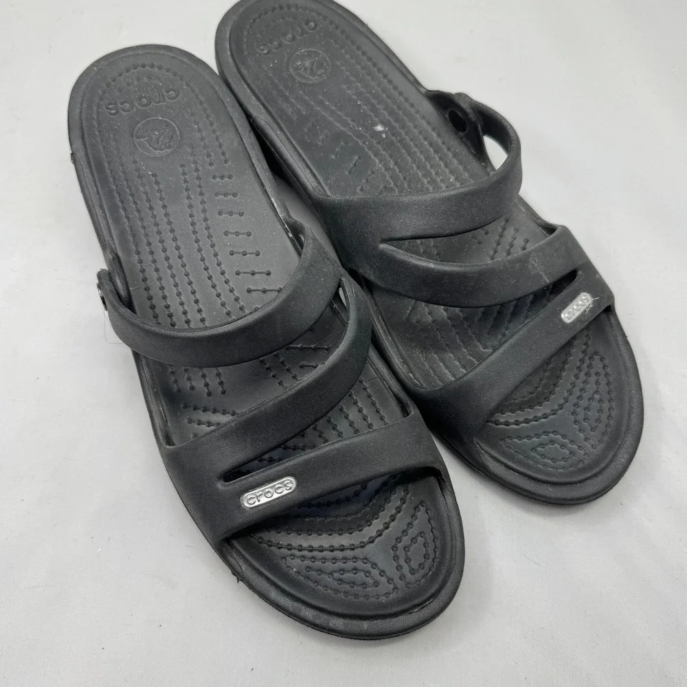 Crocs Patricia‎ Wedge Sandals Womens Size 11 Black Strappy Open Toe Casual